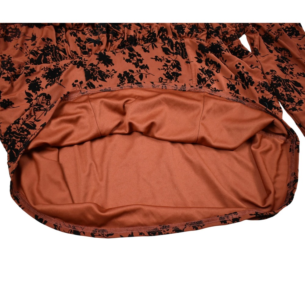 Boho Mesh Floral Blouse Top Orange Ruched Square Neck Balloon Sleeve Fall Colors - Picture 7 of 9